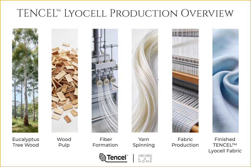 Infographic titled “TENCEL™ Lyocell Production Overview” showing the step-by-step process from eucalyptus tree wood to finished fabric. Visual panels depict wood pulp, fiber extrusion, yarn spinning, fabric weaving, and the final TENCEL™ Lyocell product.