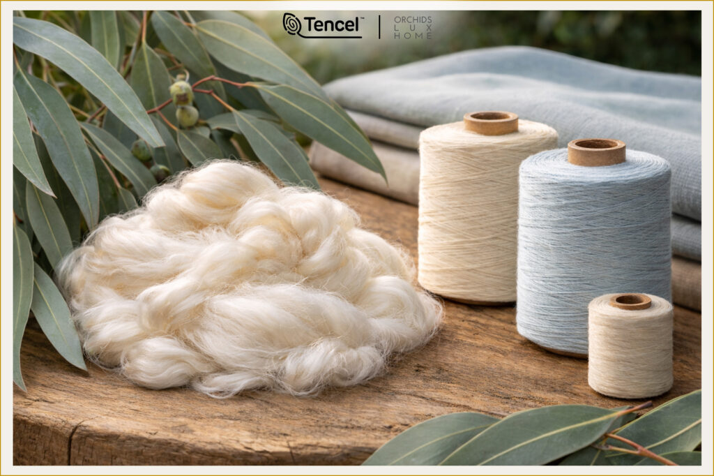 Natural fiber display featuring raw lyocell fibers and spools of yarn in neutral tones on a wooden surface. Eucalyptus leaves and folded fabric in the background highlight the plant-based, sustainable origin.