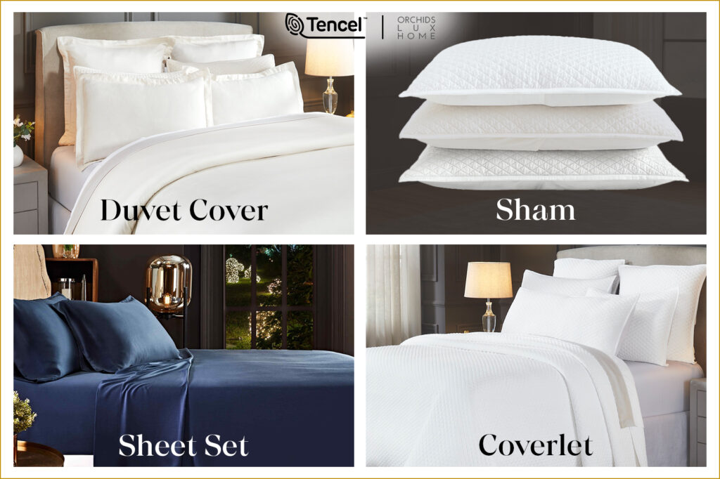 Collage showcasing TENCEL™ Lyocell bedding products including a duvet cover, pillow shams, sheet set, and coverlet. Features neatly styled beds and pillows in white and deep blue, highlighting the fabric’s smooth, refined finish.